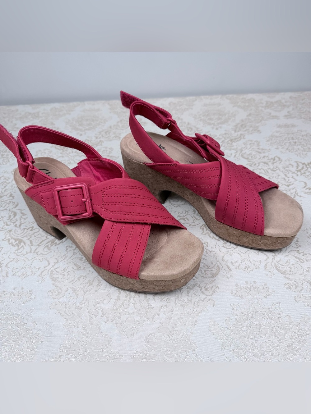 Clark’s Collection Womens Red Slingback Cork Wedge Sandals, 6.5